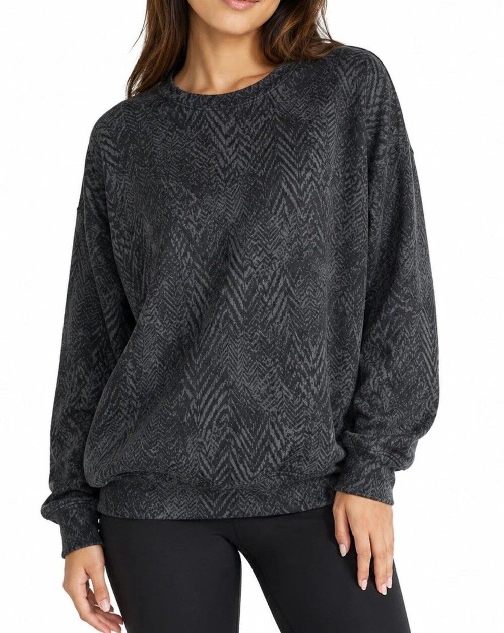 Athleta Women’s M Pullover Sweatshirt Gray Black Patterned Long Sleeve Soft Stre